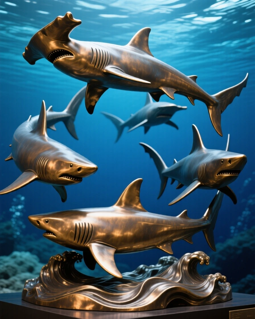 A school of hammerhead sharks circling in deep blue water, captured mid-motion with powerful grace, evoking wonder and majesty