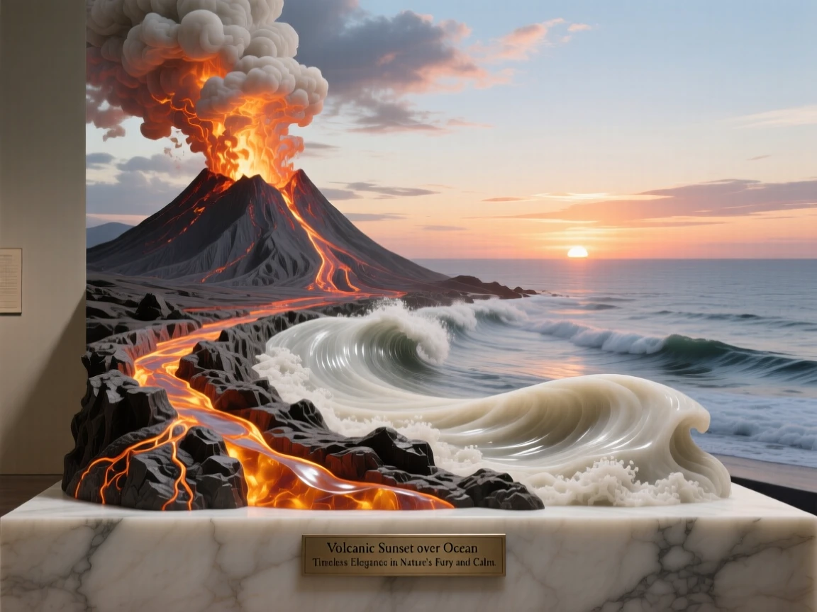 A sweeping, cinematic composition of a volcanic sunset over the ocean, capturing the raw beauty of the natural world
