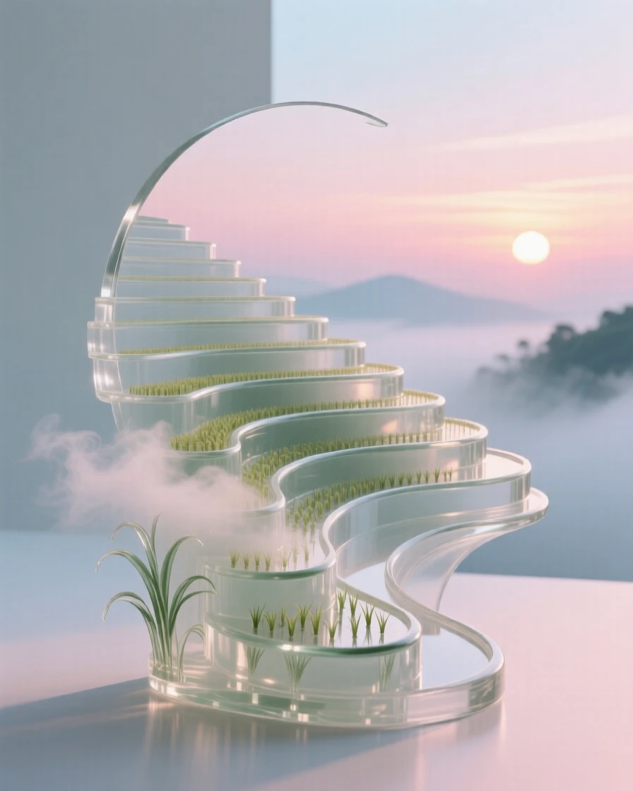 Terraced rice paddies at sunrise at the quiet hush of early morning, gentle mist rising, composition inviting stillness and reflection.