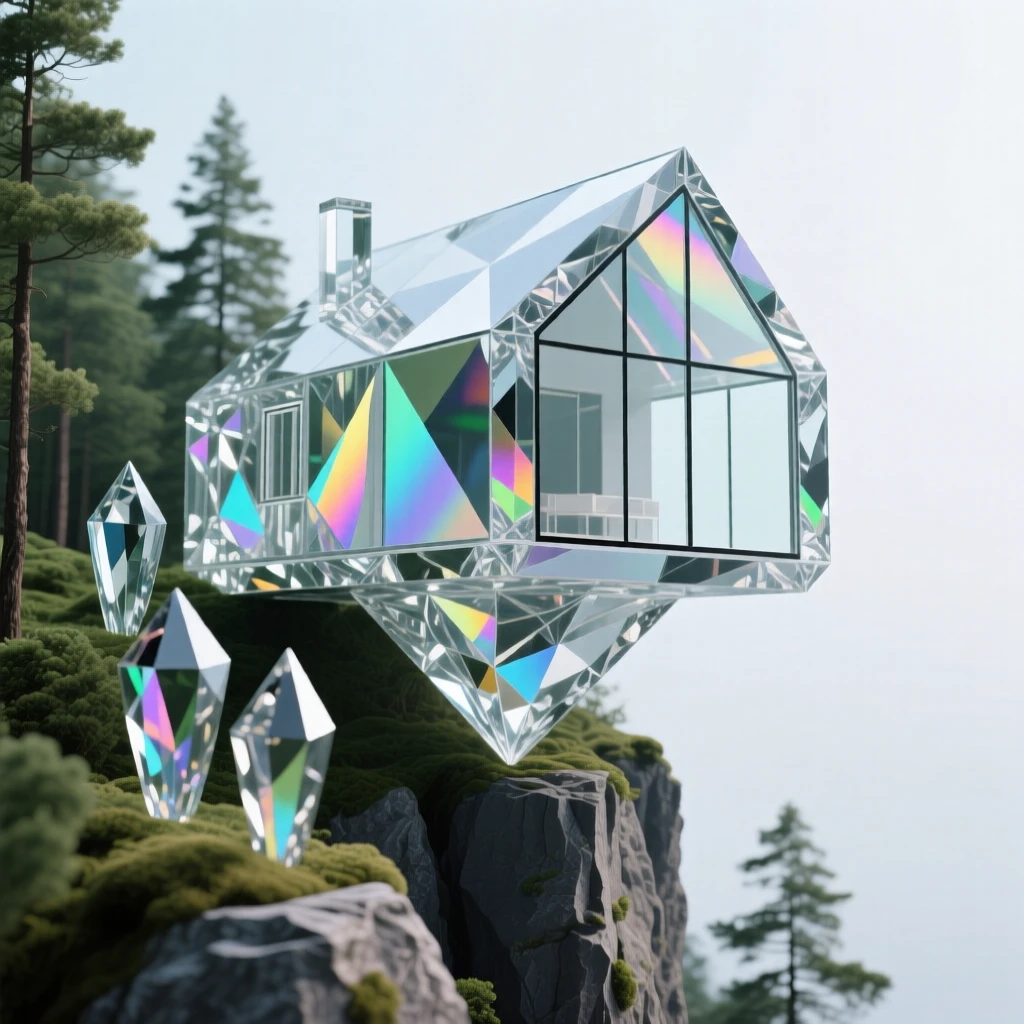 A minimalist modern glass house cantilevered over a forested cliffside.