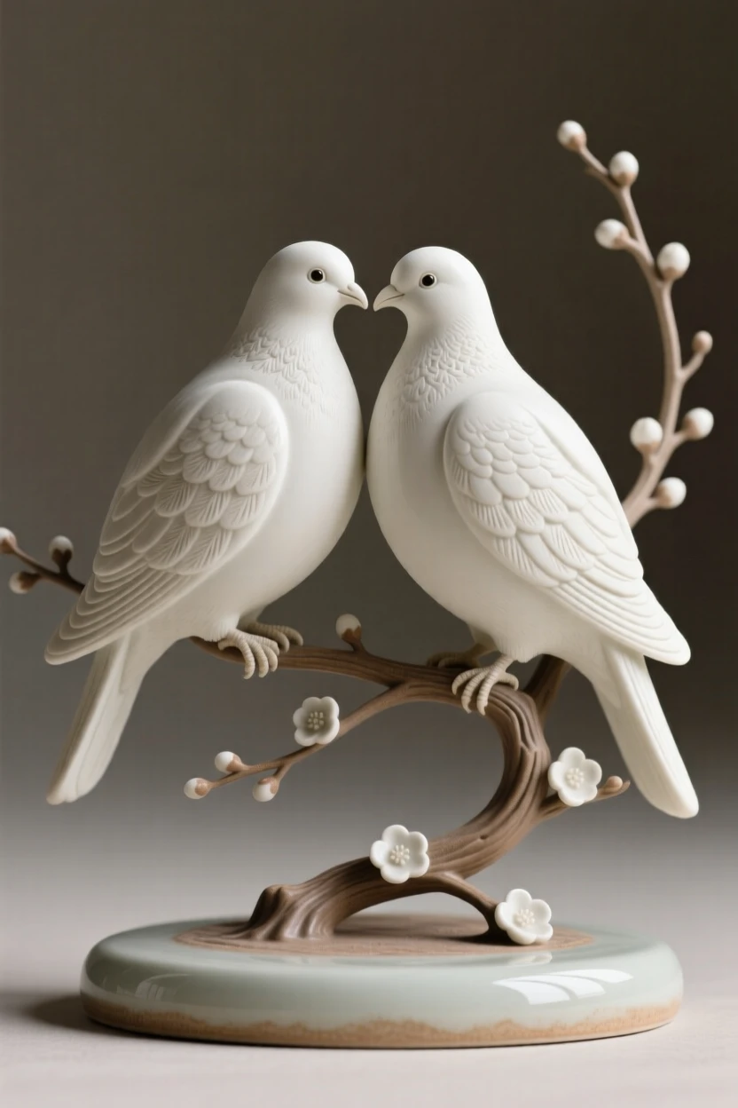 A pair of decorative doves facing one another set as a striking accent within a tasteful arrangement, highlighted by delicate embellishments, radiating sophistication and timeless taste.