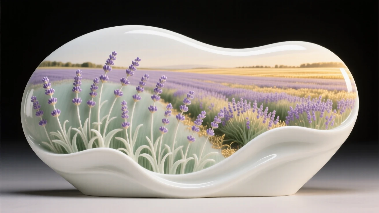 A tranquil field of lavender stretching to the horizon, bathed in warm golden light.