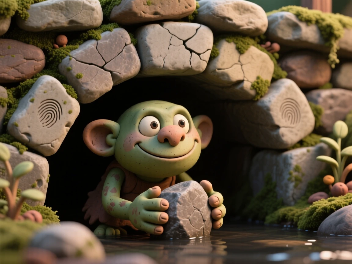 A river troll peeking curiously from beneath a stone bridge