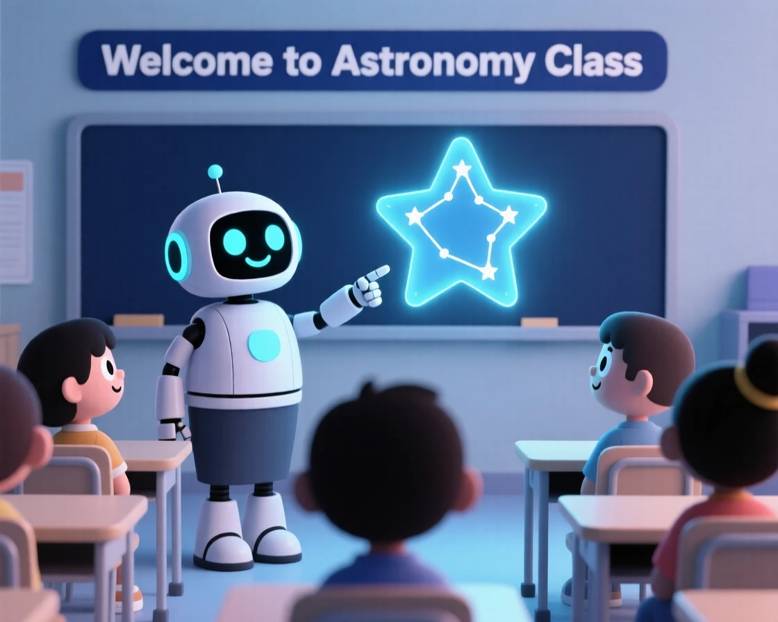 A cheerful robot teacher points at a glowing holographic star chart in a classroom full of curious students.