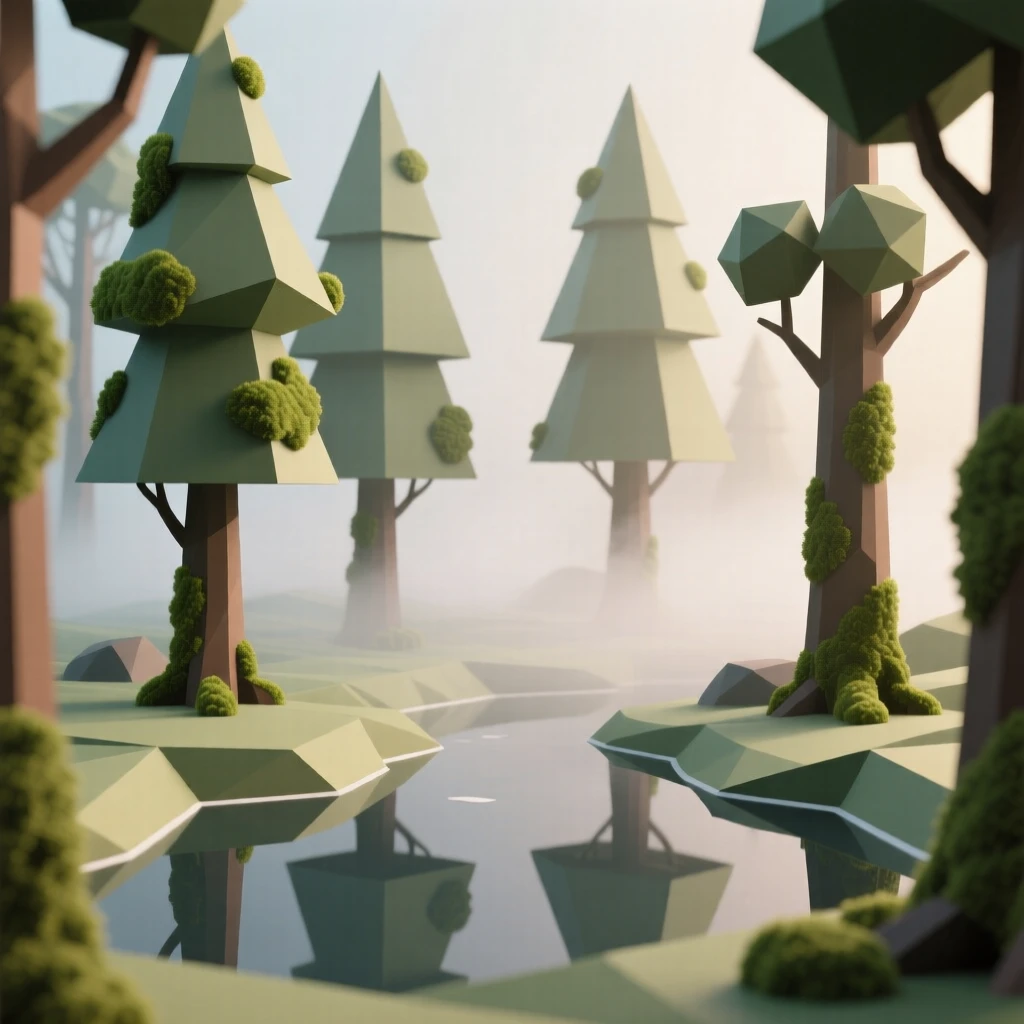 An ancient forest with moss-covered trees, with mist rolling gently across the ground. reflections in the water double the scene's beauty. A gentle warmth radiates through the scene.