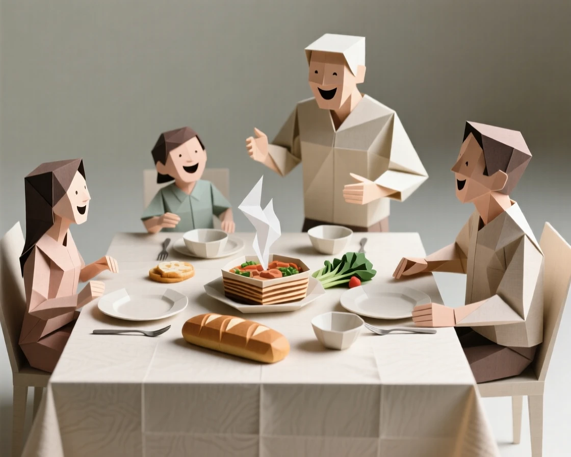 A family gathered around a dinner table sharing a home-cooked meal, laughter caught mid-moment.