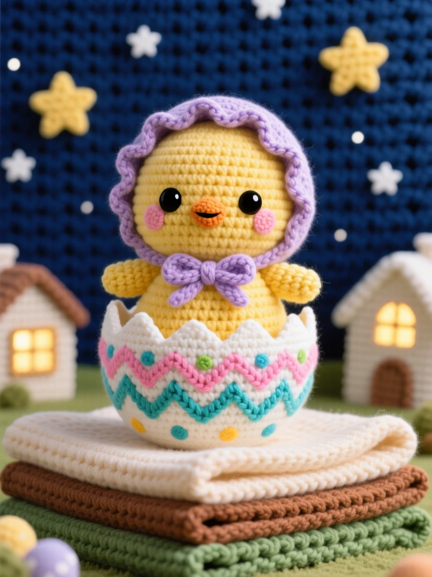a cheerful Easter chick, wearing a tiny bonnet, hopping out of a decorated eggshell, set in a starry night sky above a quiet neighborhood, with a stack of warm blankets, full of bright cheerful energy of a special day.