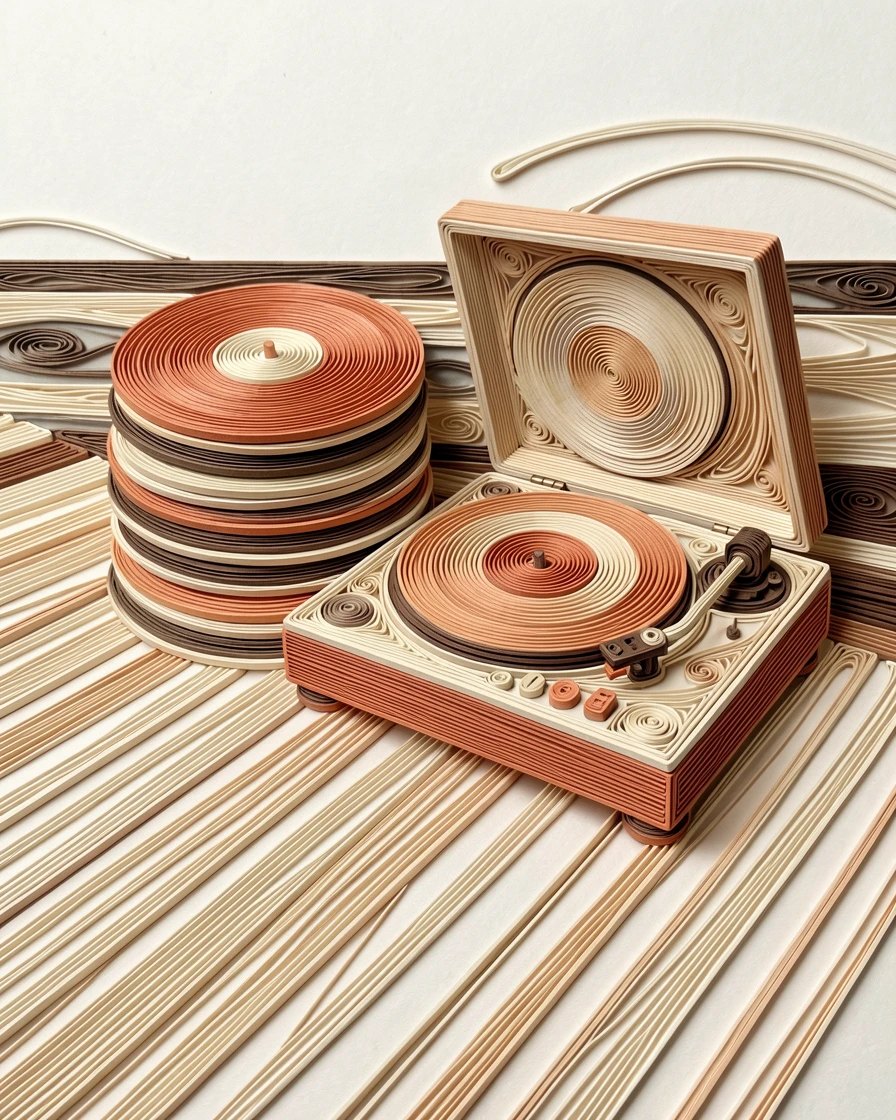 a stack of vinyl records beside a retro turntable, along a scenic coastal boardwalk, composed with clean modern lines and open space, in warm neutral tones of beige and terracotta.