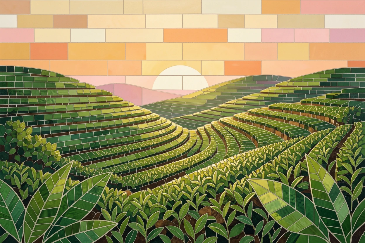 A sweeping view of terraced tea plantations at sunrise.