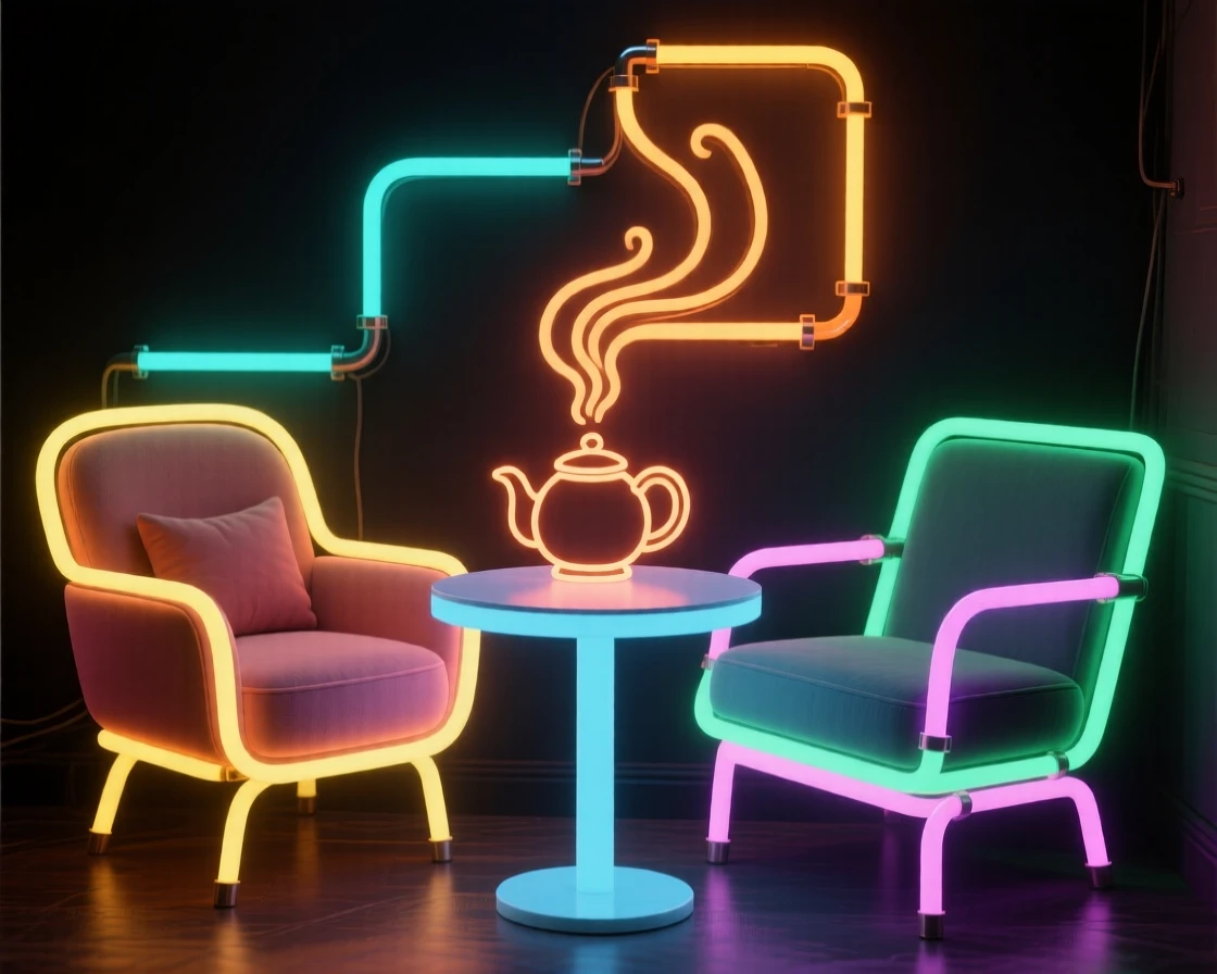 A cozy café corner with mismatched armchairs and a steaming teapot.