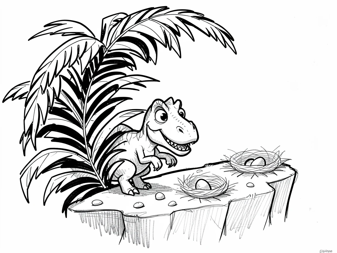 A dinosaur peeking out from behind a giant fern beside nesting grounds on a cliff.