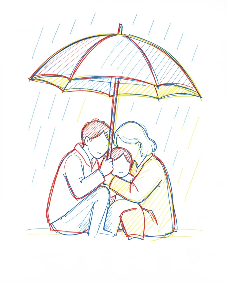A family huddled together under one big umbrella in the rain