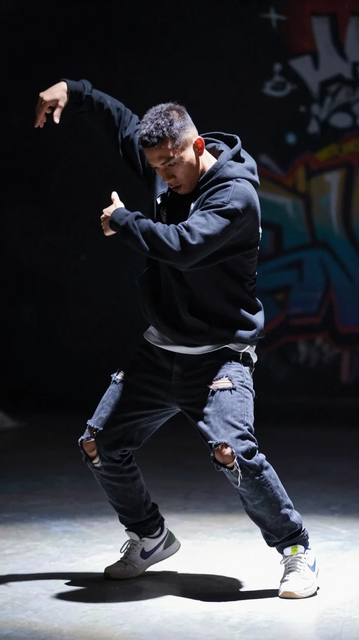 A hip hop dancer frozen mid-move under spotlight