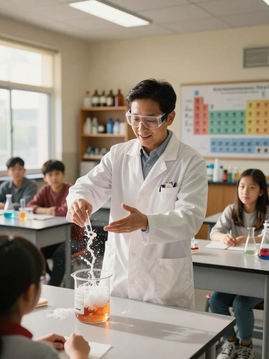 A teacher demonstrates a chemical reaction that fizzes dramatically in a beaker.