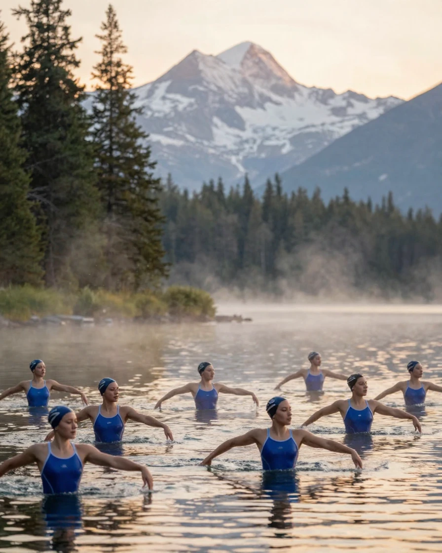 A team of synchronized swimmers training at dawn before the world wakes beside a mountain lake