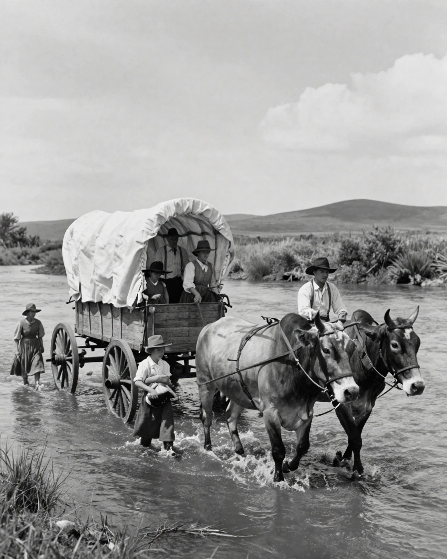 A group of settlers crosses a river by covered wagon on the open frontier.