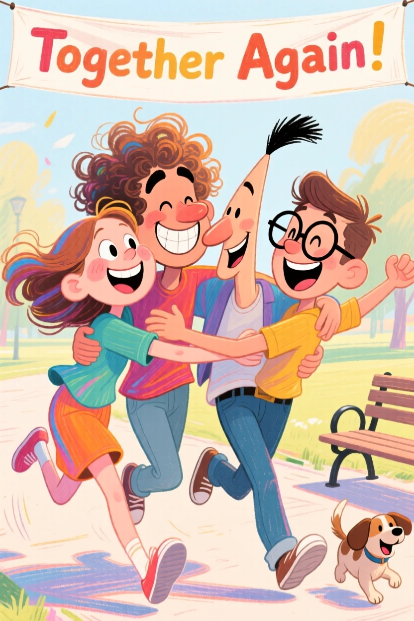 A group of friends reuniting after years apart, running toward each other for a hug.