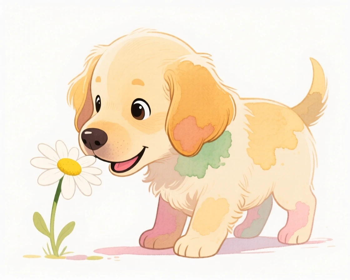 A golden retriever puppy sniffing a single daisy