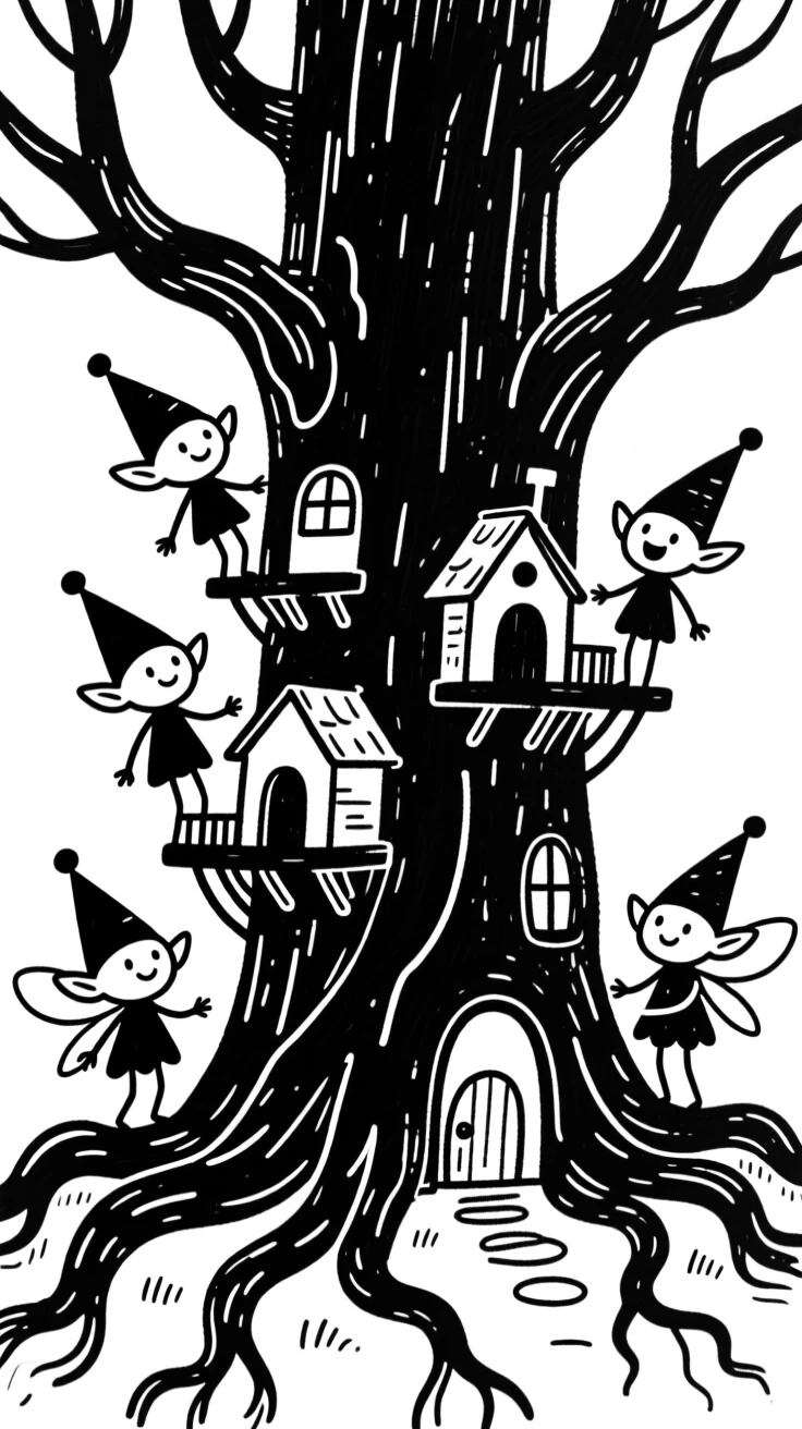 A tiny fairy village built into the roots of a giant glowing tree.