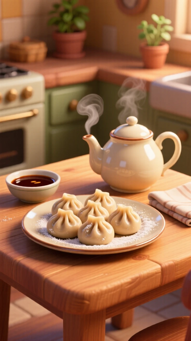 A plate of dumplings with dipping sauce sits on a tray beside a steaming teapot, with a light dusting of powdered sugar. The setting feels relaxed and satisfying.