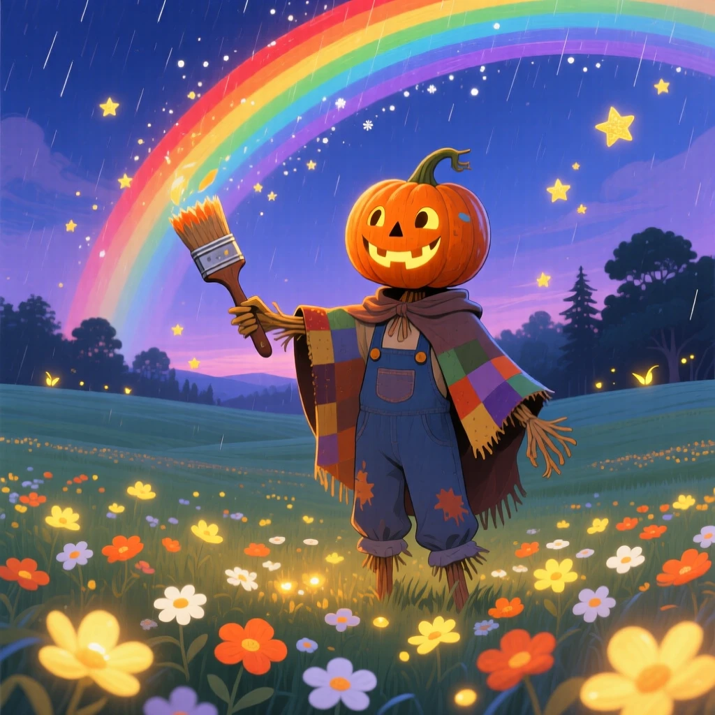 A pumpkin-headed scarecrow guardian pauses from painting rainbows across the sky to marvel at a field of luminous flowers, as tiny stars fall like snow.