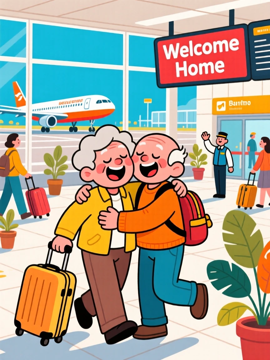 Two old friends reuniting with a warm embrace at an airport.