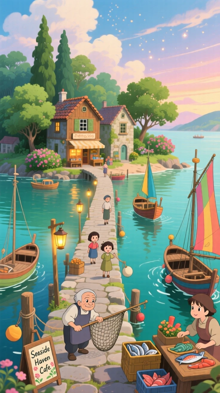 A scenic view of an island town reached by a single long causeway, as fishing boats bob gently in the harbor.