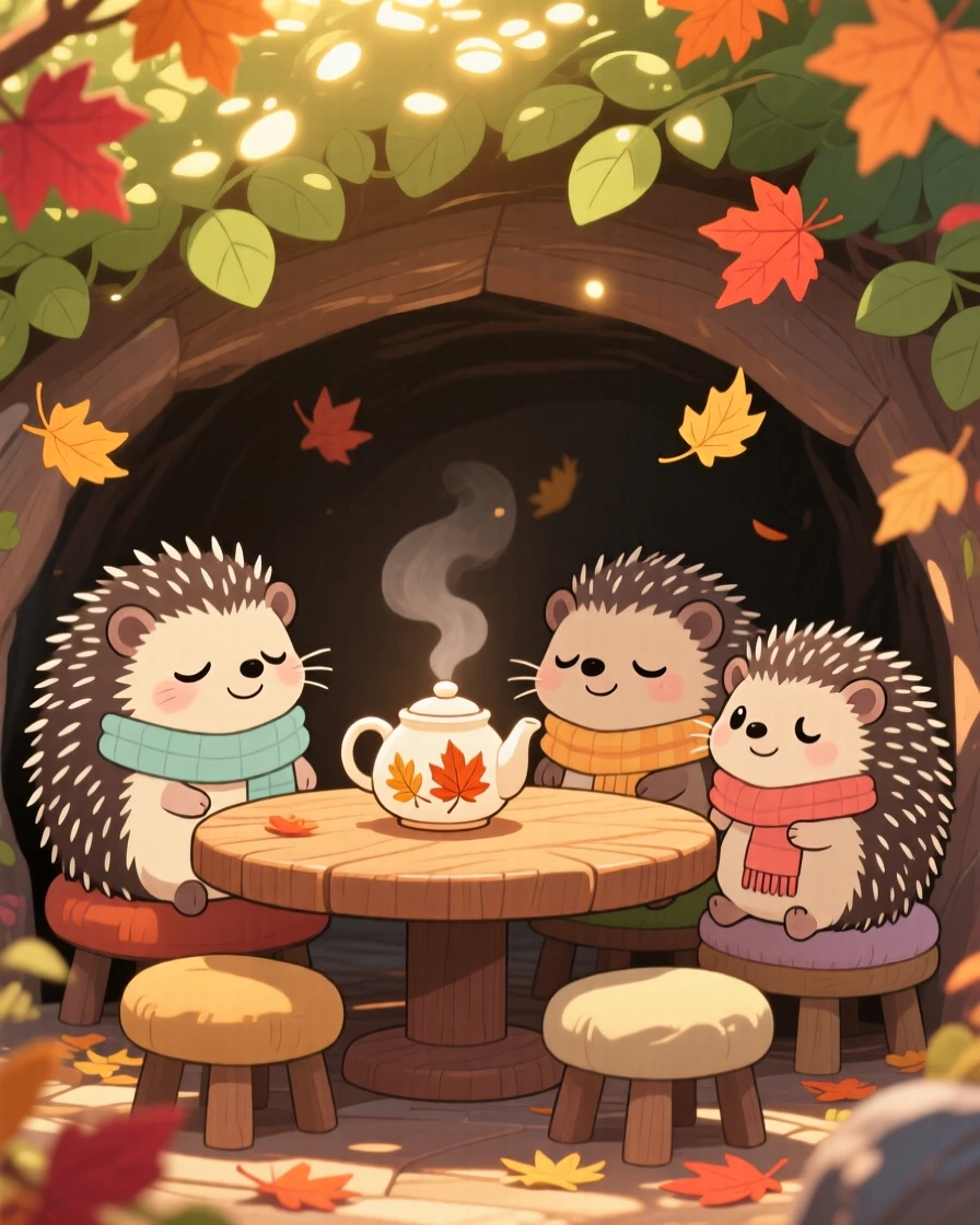 In a snug burrow home, a family of hedgehogs are gathered around a warm teapot with autumn leaves swirling around, bathed in dappled sunlight through a canopy, expression full of sleepy relaxation. Shot as a symmetrical front-on view.