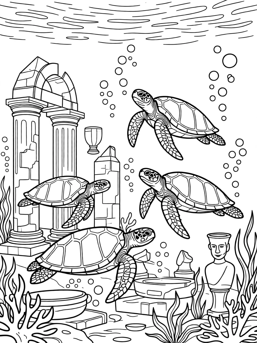 A group of sea turtles swimming past an ancient ruin, with bubbles rising toward the surface.