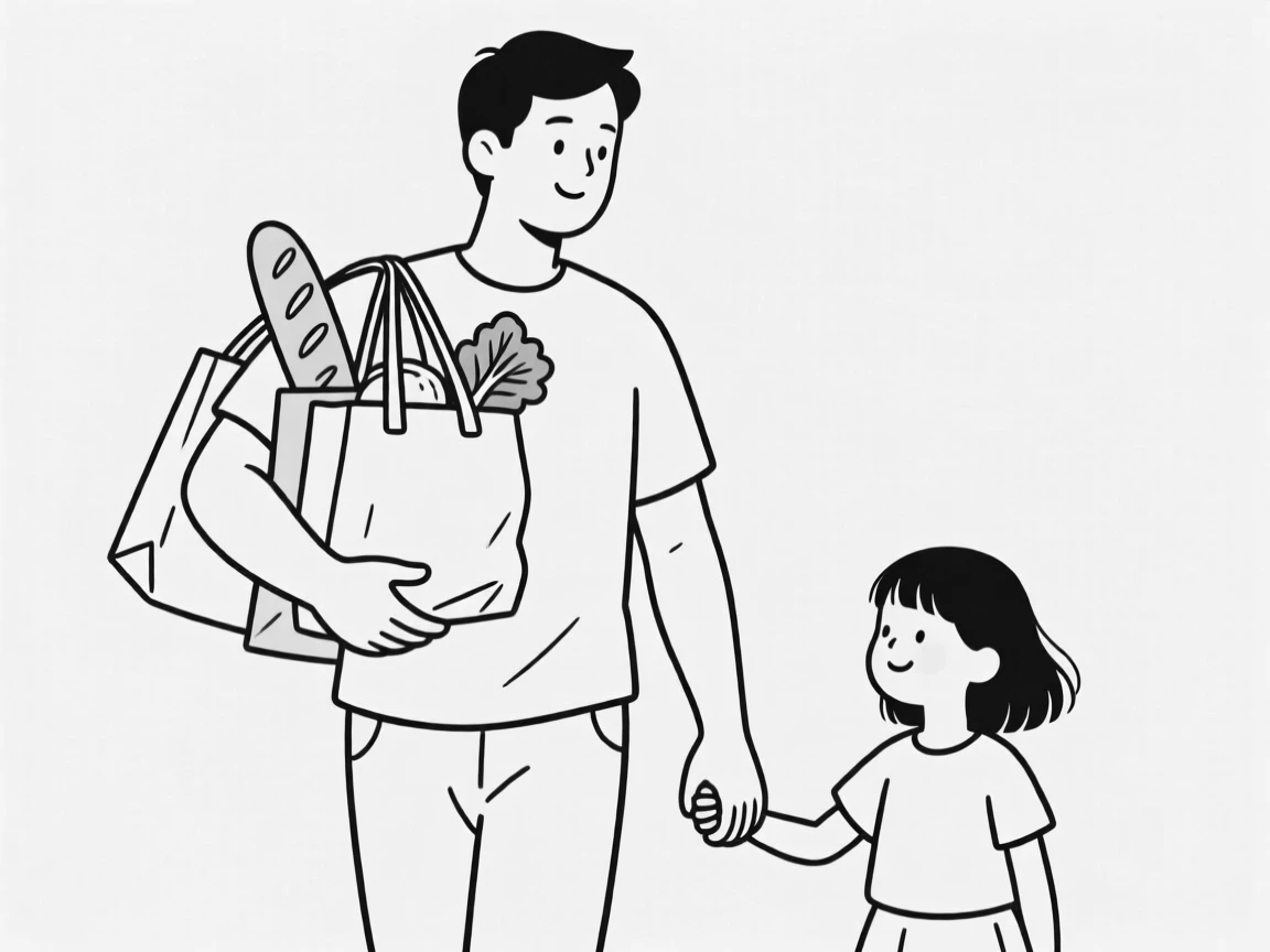 A father carrying groceries while his daughter holds his hand