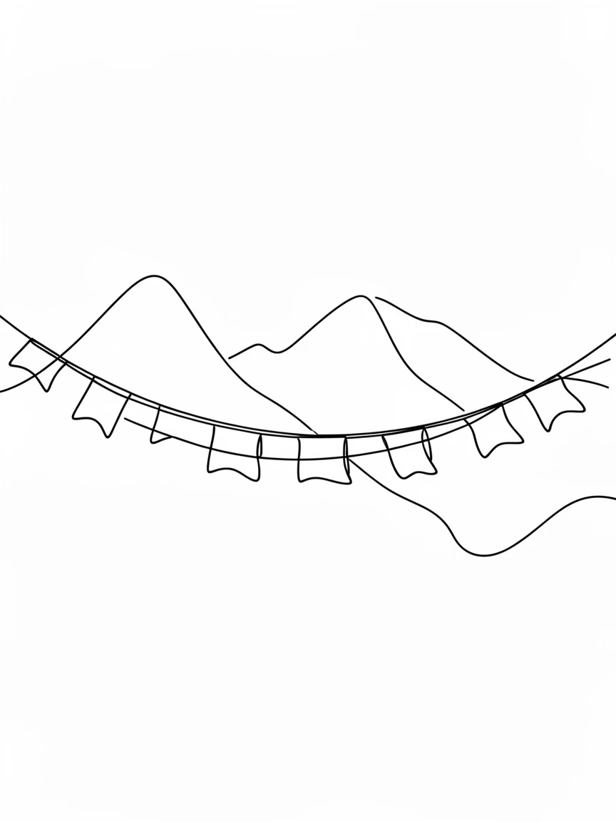 A traditional Tibetan prayer flag string strung across a mountain pass