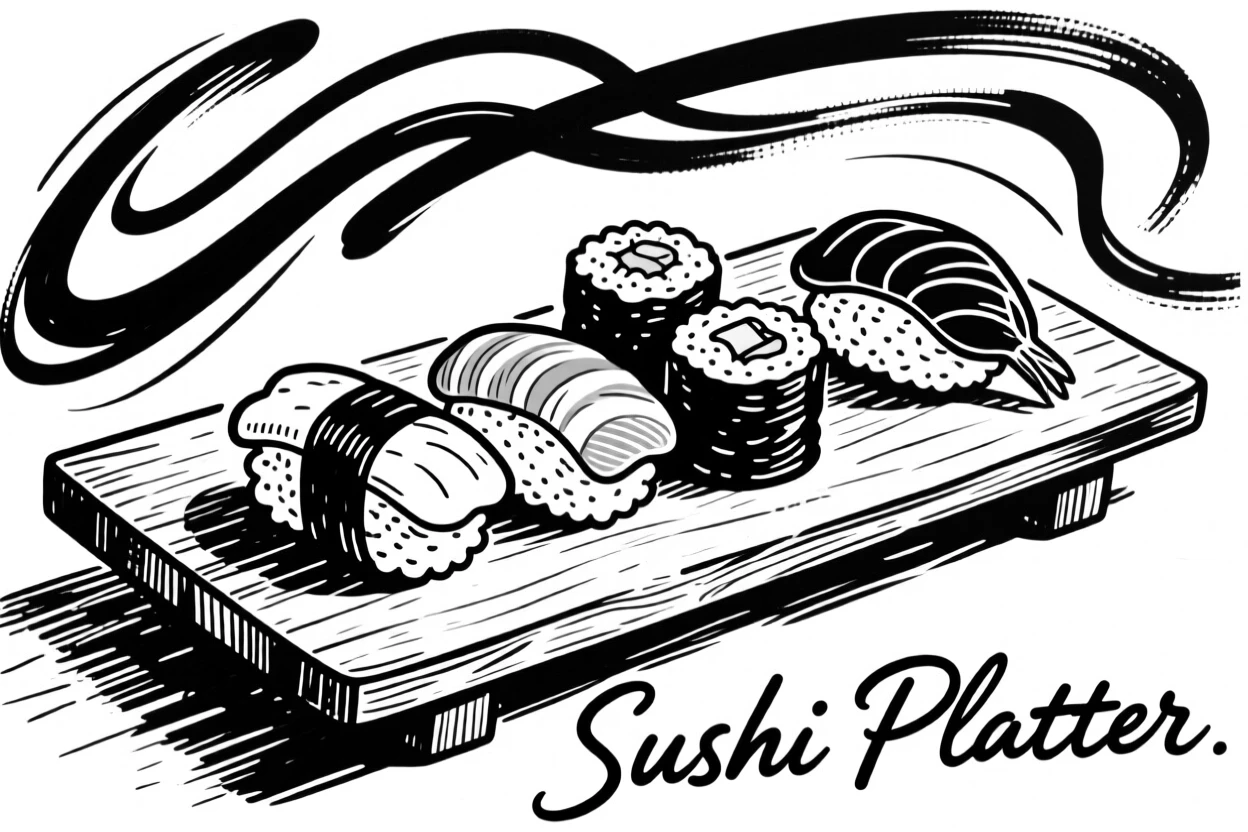 A colorful sushi platter arranged with precision on a wooden board.
