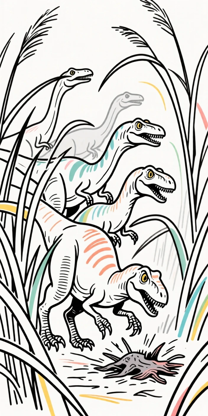 A pack of Deinonychus ambushing prey from tall prehistoric grass.