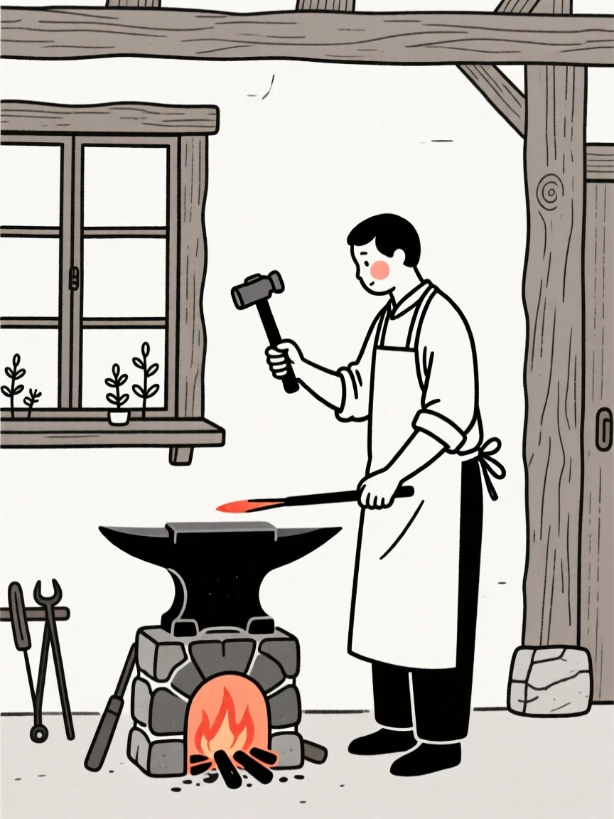 A blacksmith at the forge by a rustic farmhouse window.