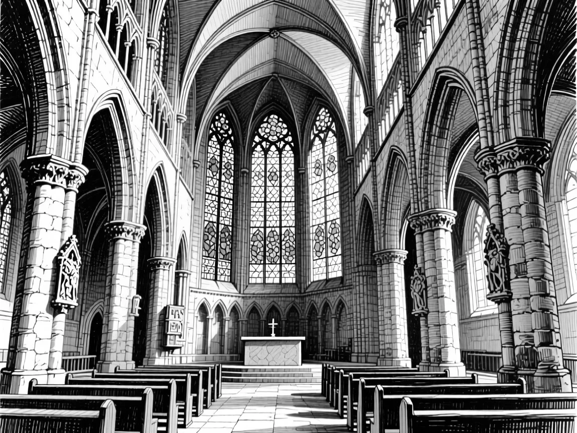 A grand cathedral interior with soaring stone arches and stained glass windows.