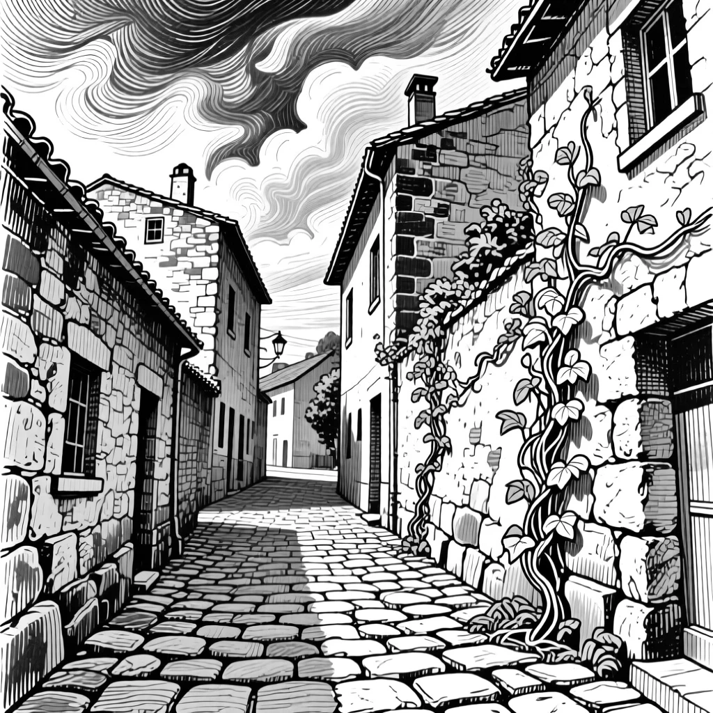 A narrow cobblestone alley under a dramatic sky, featuring climbing vines softening the stonework, rendered in a quietly charming architectural composition.