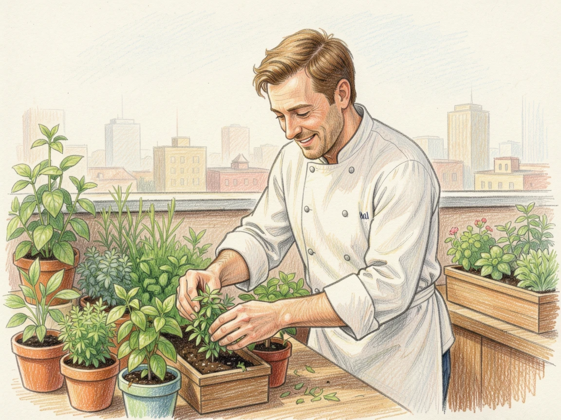 A chef harvesting fresh herbs from a rooftop garden, captured in a quiet, unhurried moment of everyday life, celebrating the quiet joy of craftsmanship and passion.