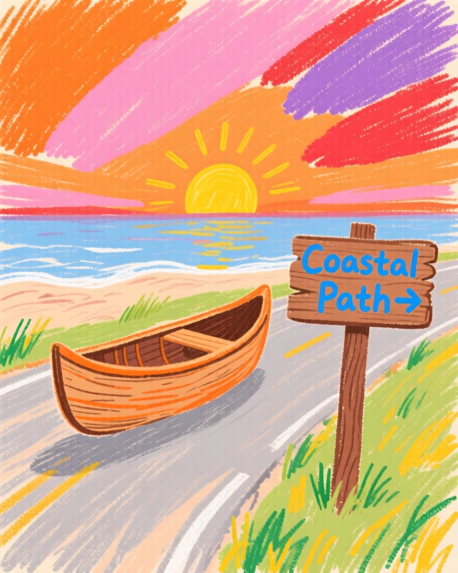 A wooden canoe traveling along a coastal road at sunset.
