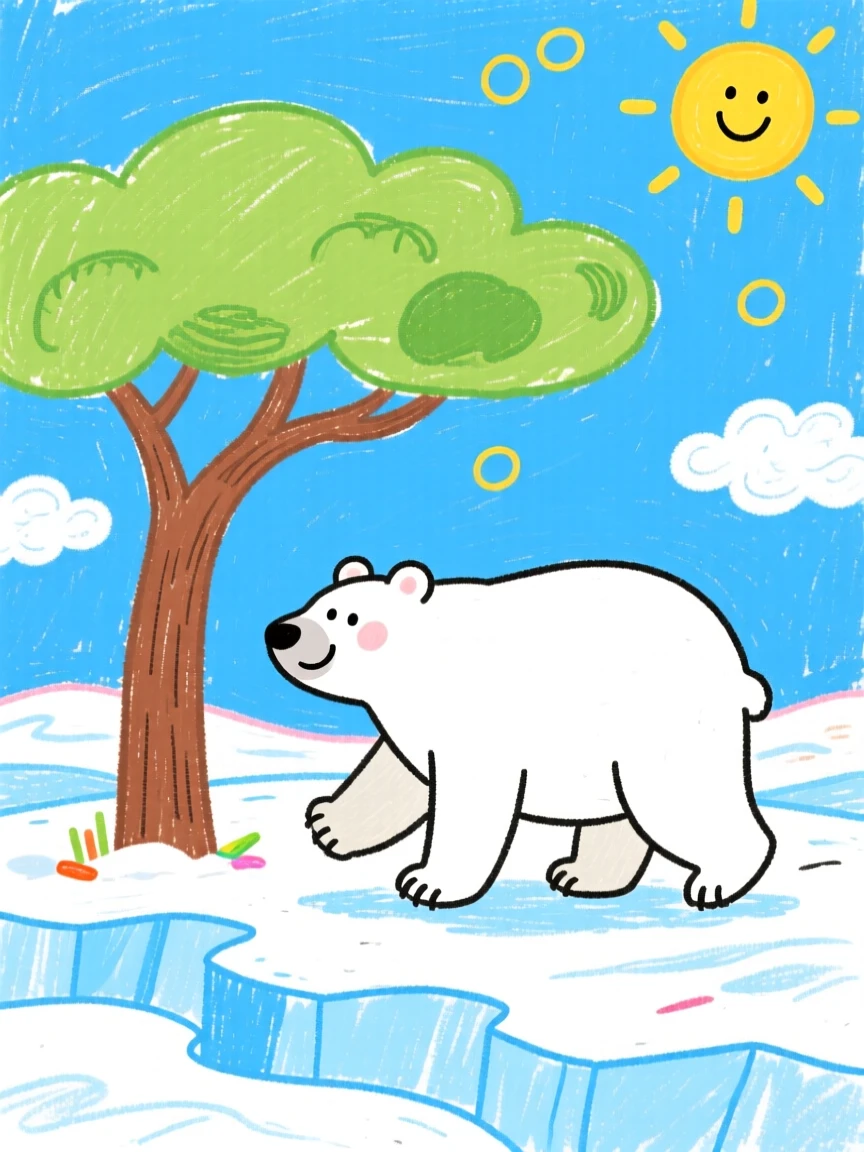 A polar bear walking across an icy landscape under a wide acacia tree.