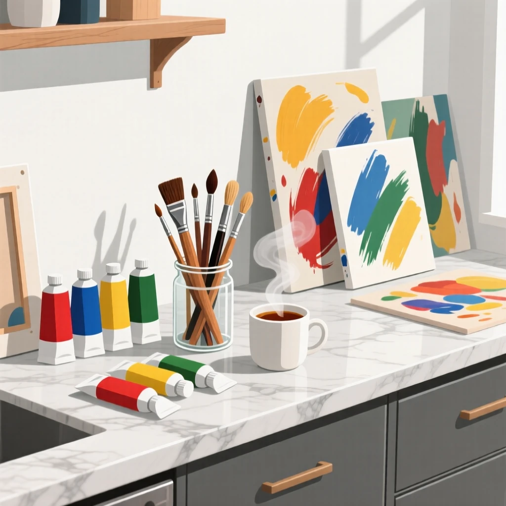 A tidy art studio with paints, brushes, and canvases in progress, arranged on a marble countertop with clean lines, captured from a comfortable eye-level perspective, with subtle steam rising to add a warm, lived-in feel.