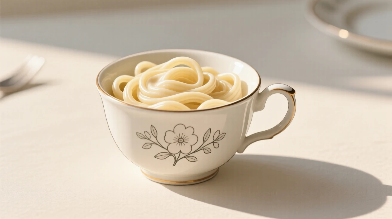 A freshly prepared bowl of creamy pasta served on a vintage teacup, set in a sunny farmhouse kitchen, inviting festive celebration.