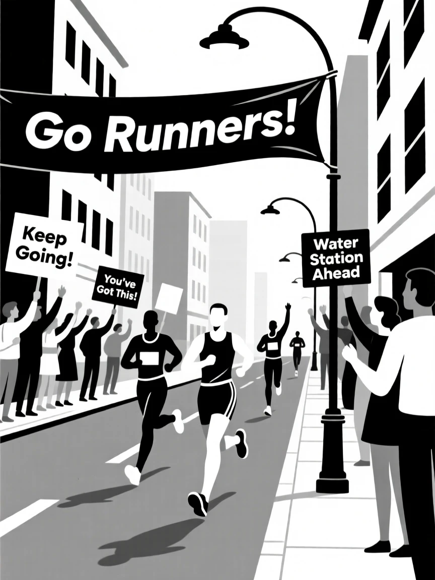 A marathon crowd cheering runners along a city street.