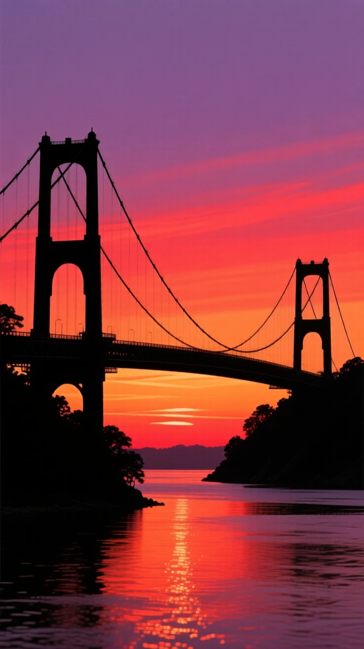 A suspension bridge stretching gracefully between two riverbanks at sunset.