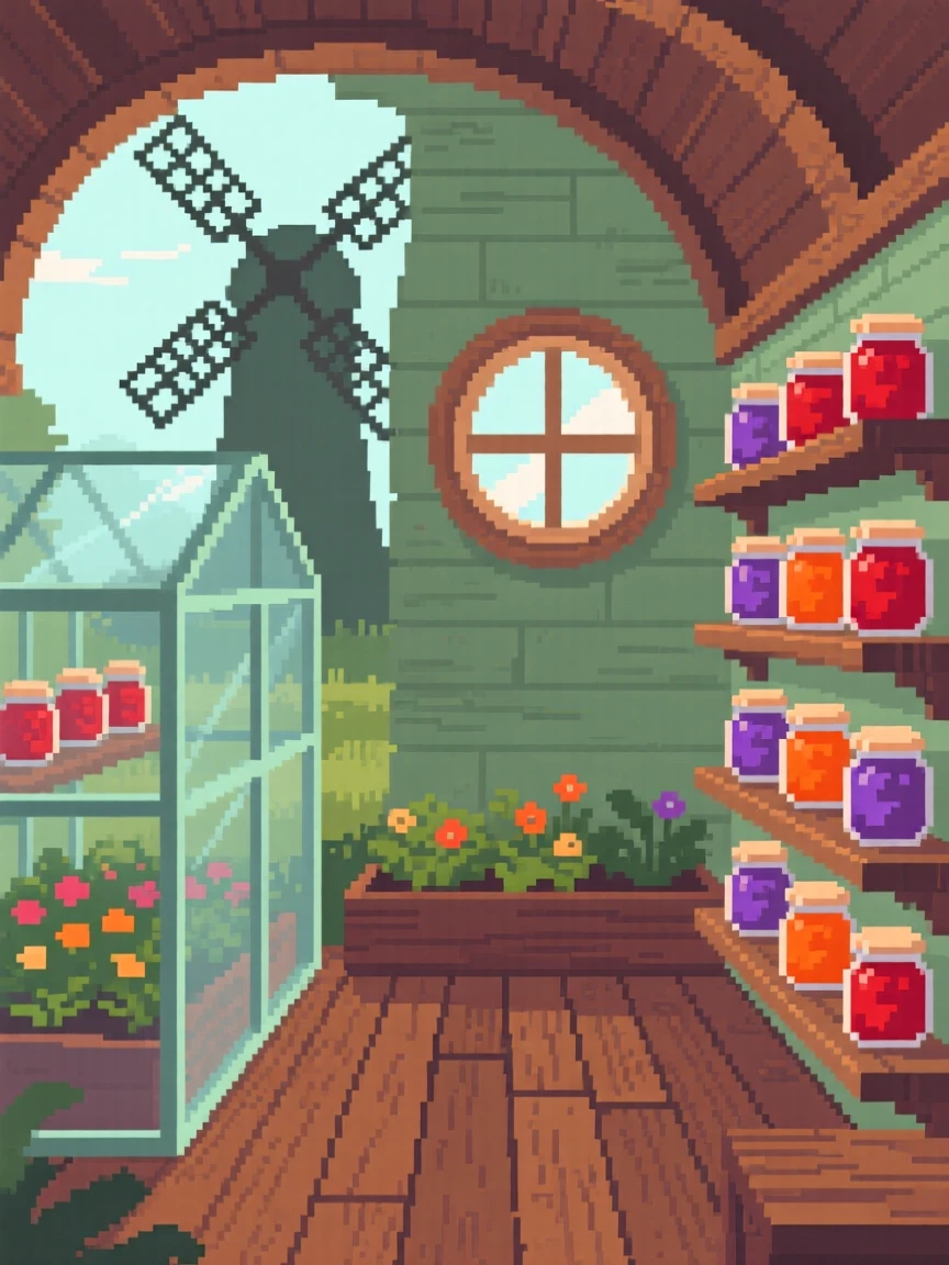 A garden greenhouse lined with jars of homemade jam, inside a windmill converted into a tiny home.