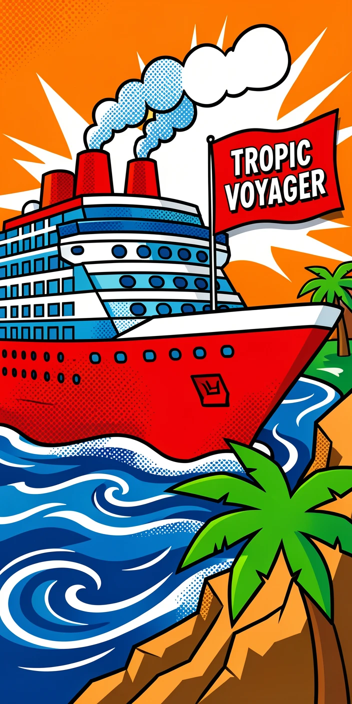 A cruise ship sailing past a dramatic tropical coastline