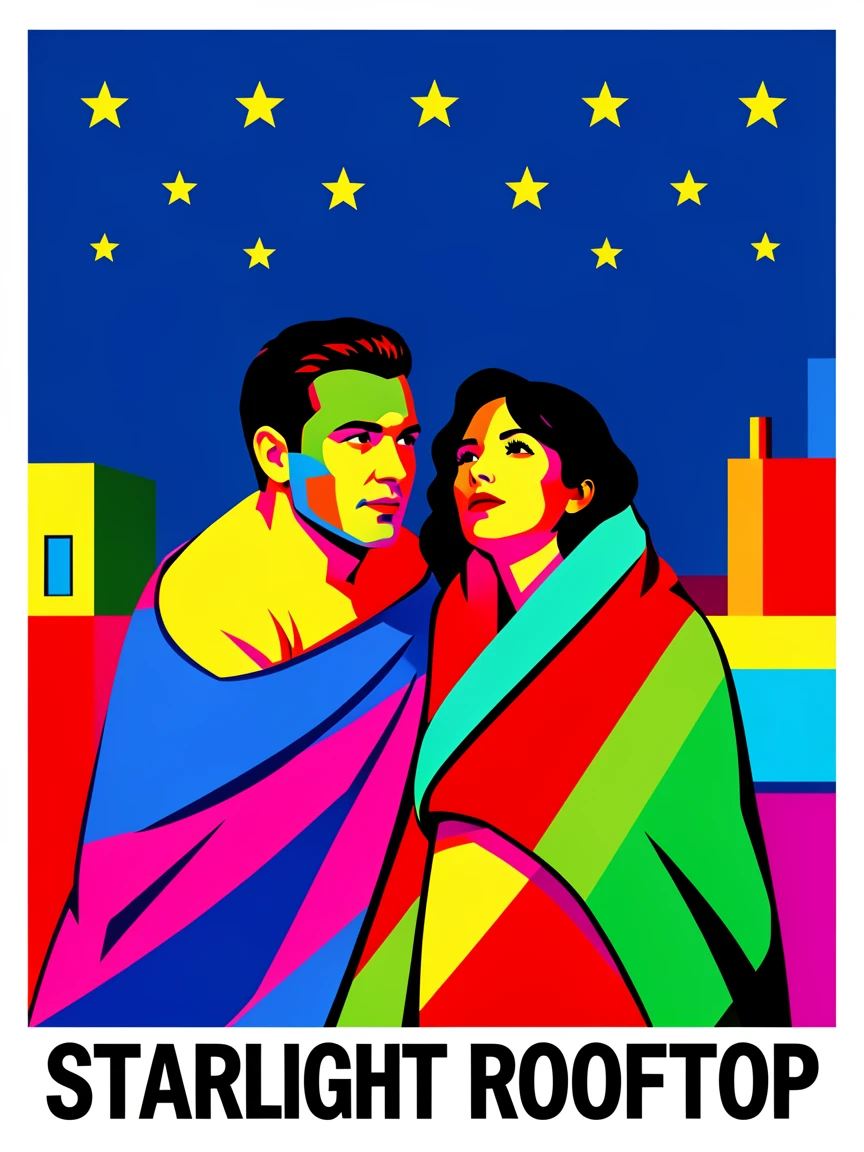 Couple stargazing on a rooftop with blankets