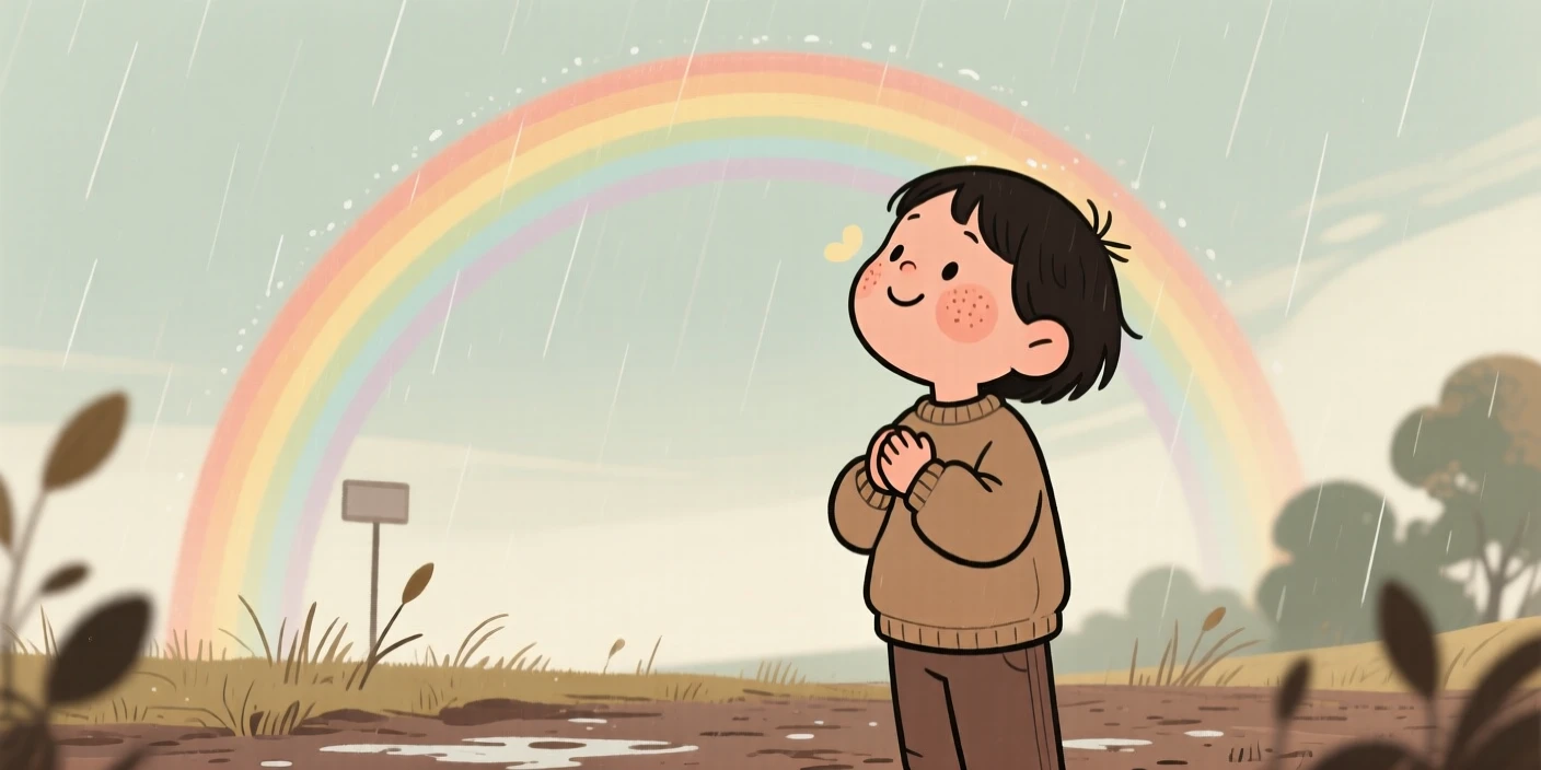 A young child looks up in quiet wonder at a rainbow after the rain, hands clasped together as a feeling of gratitude settles over the scene.