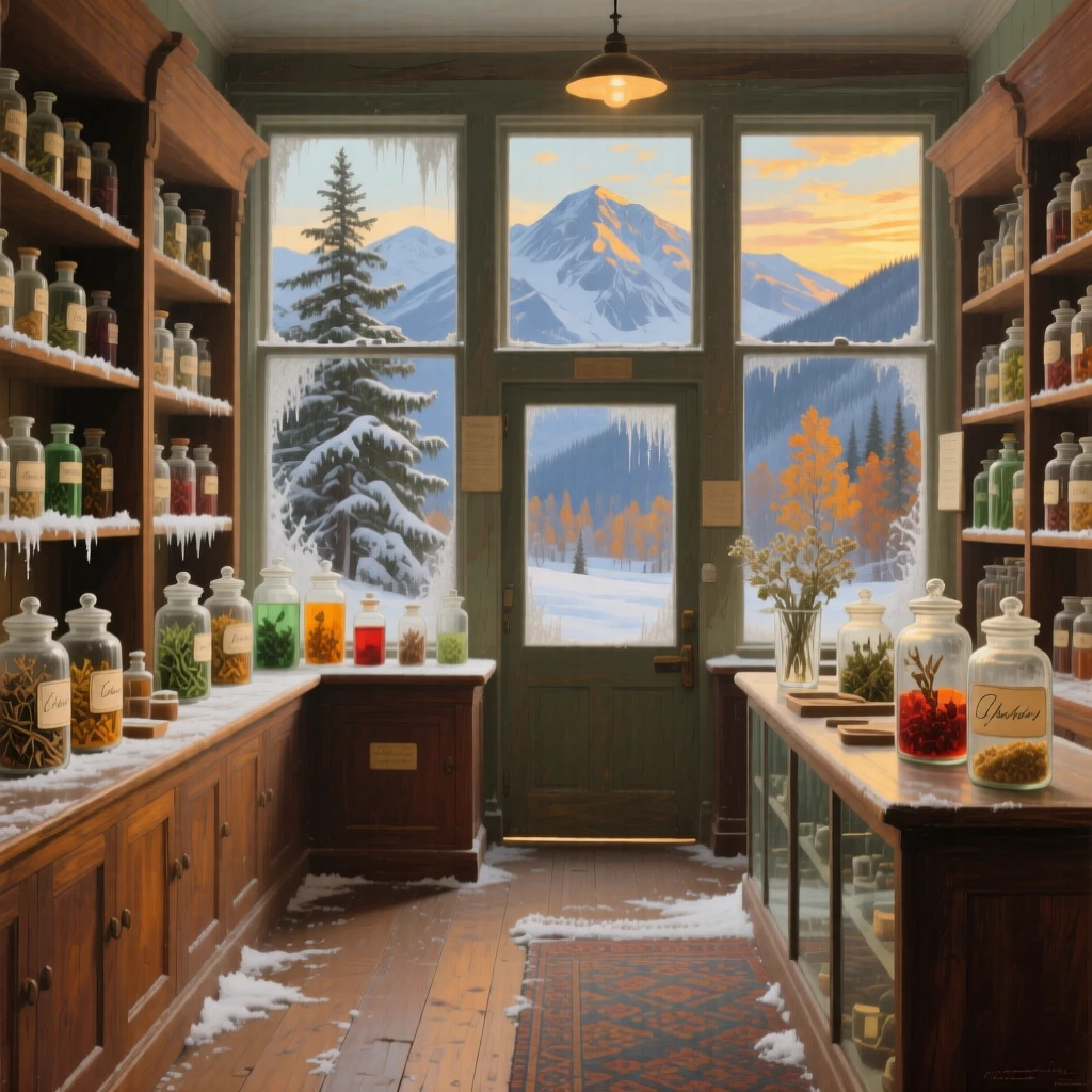 A panoramic view of an old apothecary shop lined with glass jars of herbs and tinctures, in the Canadian Rockies, during the first frost of autumn.