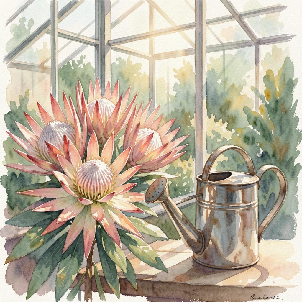 A bunch of protea flowers in a sunlit greenhouse next to an antique watering can.