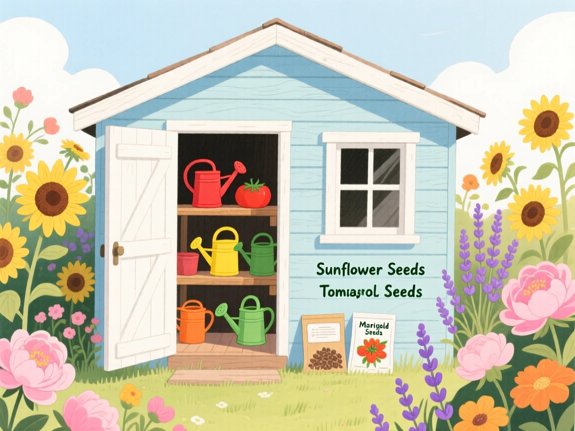 A garden shed filled with watering cans and seed packets, framed by blooming flowers and soft afternoon light.